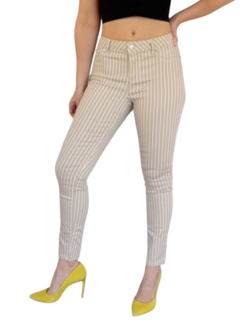 Lascana tan white stripe stretchy cotton blend mid rise skinny jeans size 6